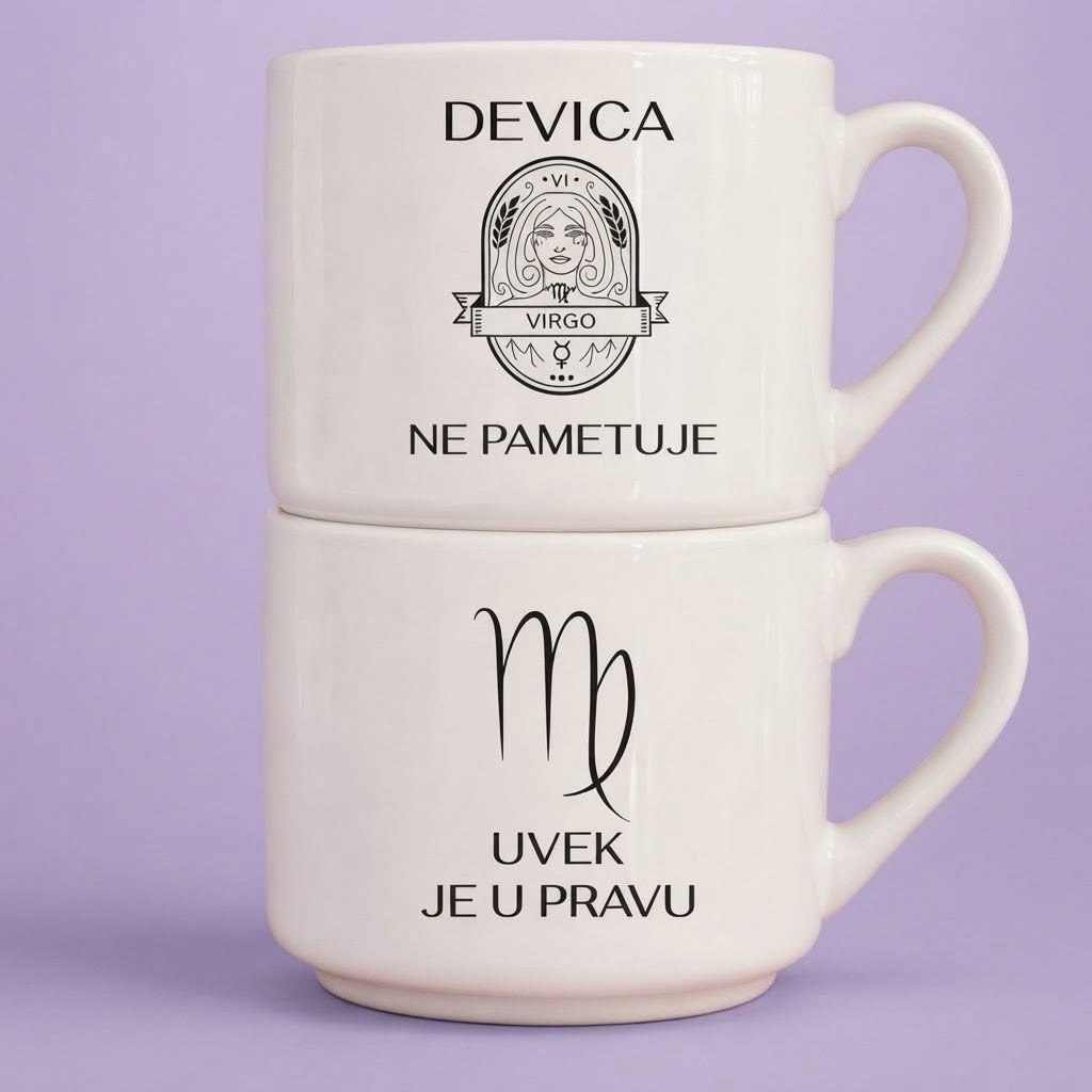 Dve bele šolje sa znakom Device i natpisima Devica ne pametuje i Devica uvek je u pravu